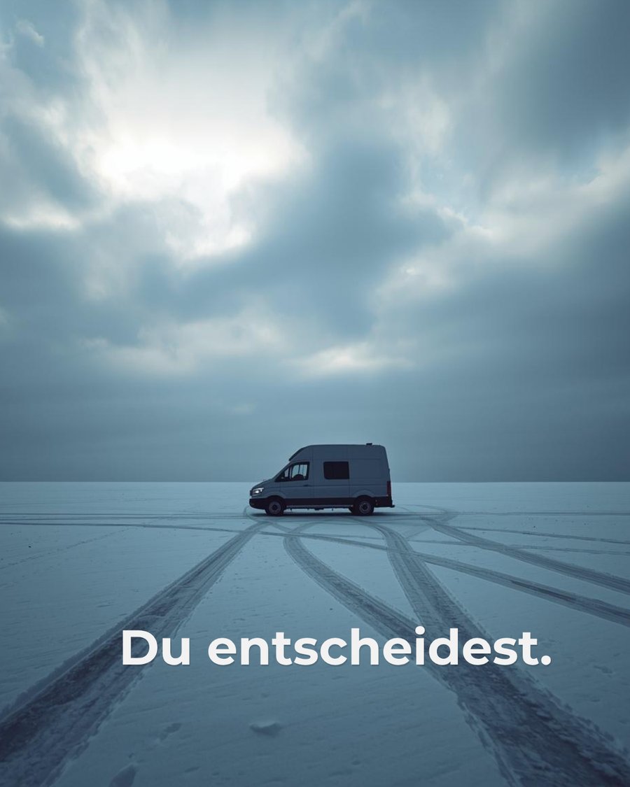 Wohnmobil in verschneiter Landschaft – Du entscheidest. (KI-generiert)